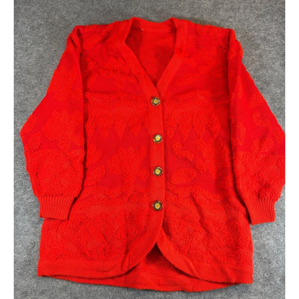 Vintage Sweater Womens Medium Red Cardigan Textured Knit Grandma Cottagecore